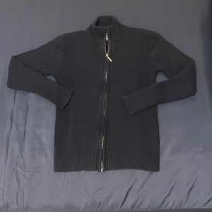 Men's Classic Y2K Ribbed Black Cotton Zip-Up Mock Neck Sweater